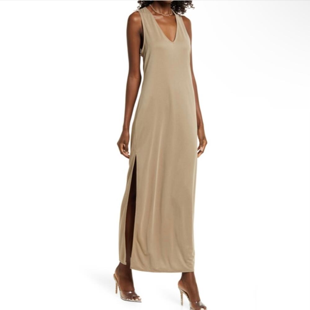 Open Edit Neutral Tan Minimalist Sleeveless Maxi Dress NWT XXS